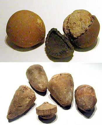 Fig 2. Balls and spinning tops, 16th-17th century England. 
Colm. Irish Archaeology. 16 February 2013. Web. 21 November 2015. Images © Leicestershire County Council.
