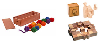 Fig 3. Froebel’s first gift (L), balls, and fifth gift (R), cubes and triangular prisms. 
Froebel Gifts™. 2013. Web. 5 April 2016.
